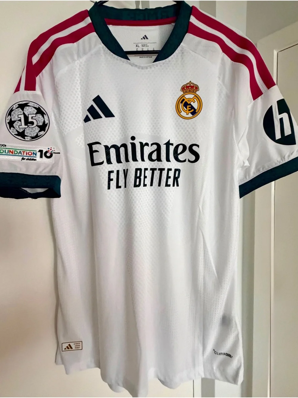 Real Madrid White Soccer Jersey with Maroon and Dark Green player version